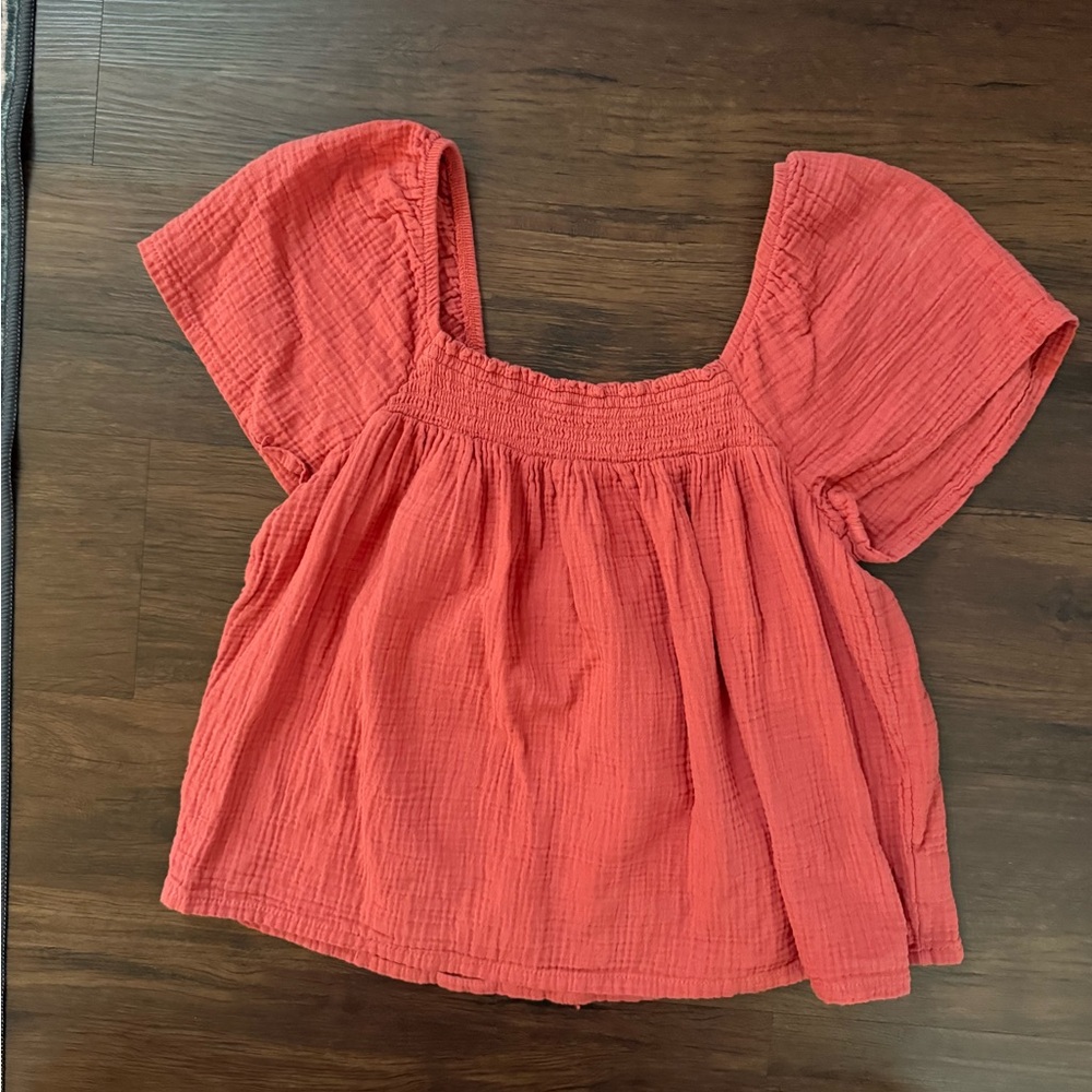 Joyspun Cotton Gauze Smocked Square Neck Puff‎ Short Sleeve Top Coral Medium
